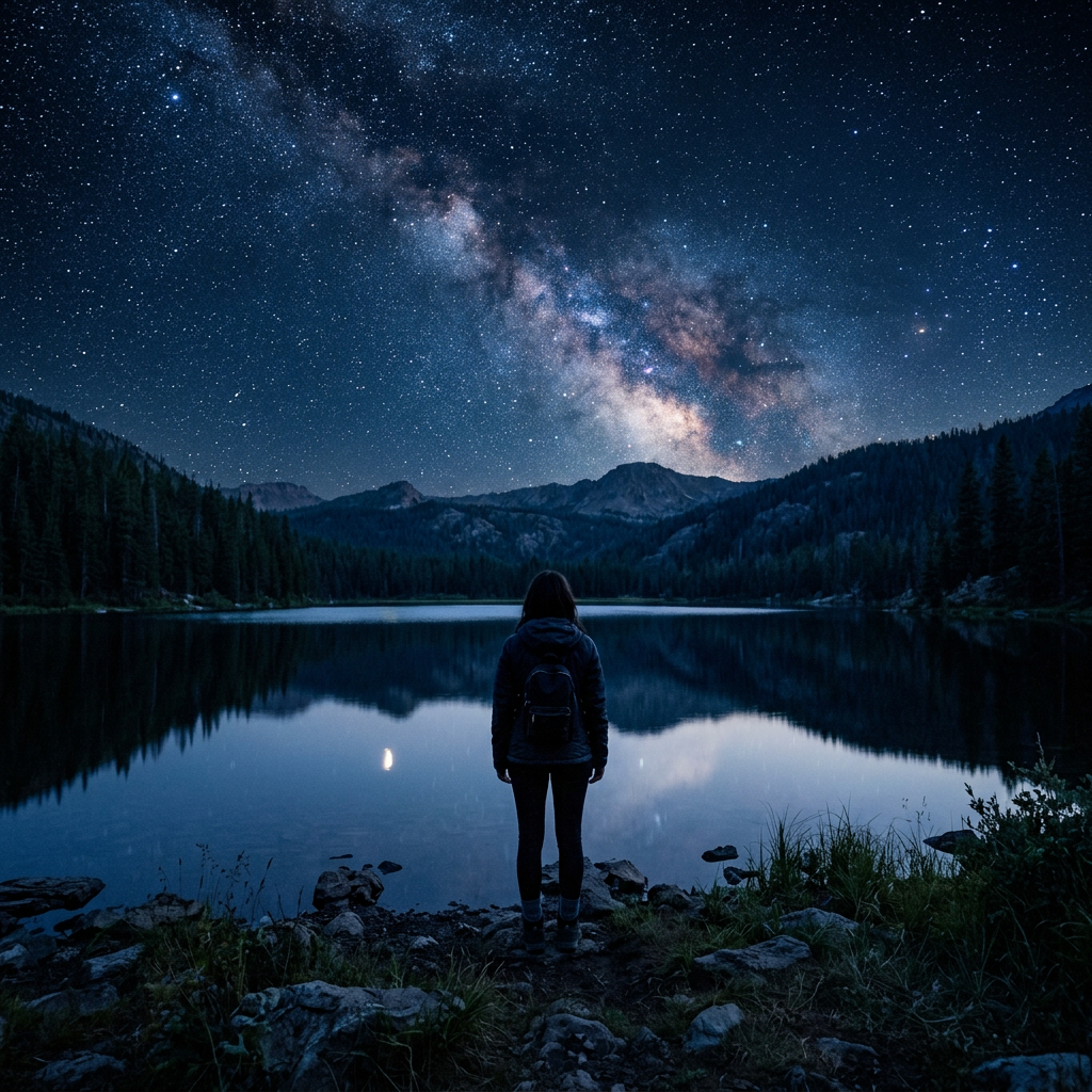 Person standing beside a mountain lake beneath the Milky Way